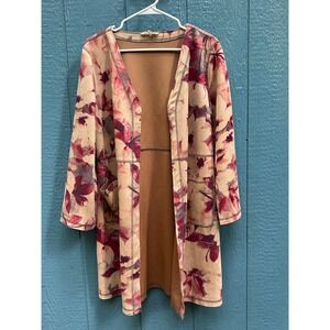 Solitaire Floral Duster Cardigan Women's Large Beige‎ Red Open Front Lightweight